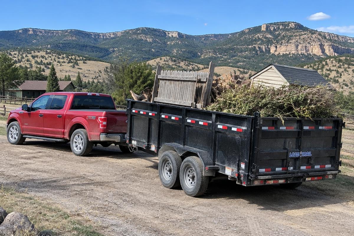 Junk removal trailer loaded with old fence panels and yard debris on a Castle Rock, CO property