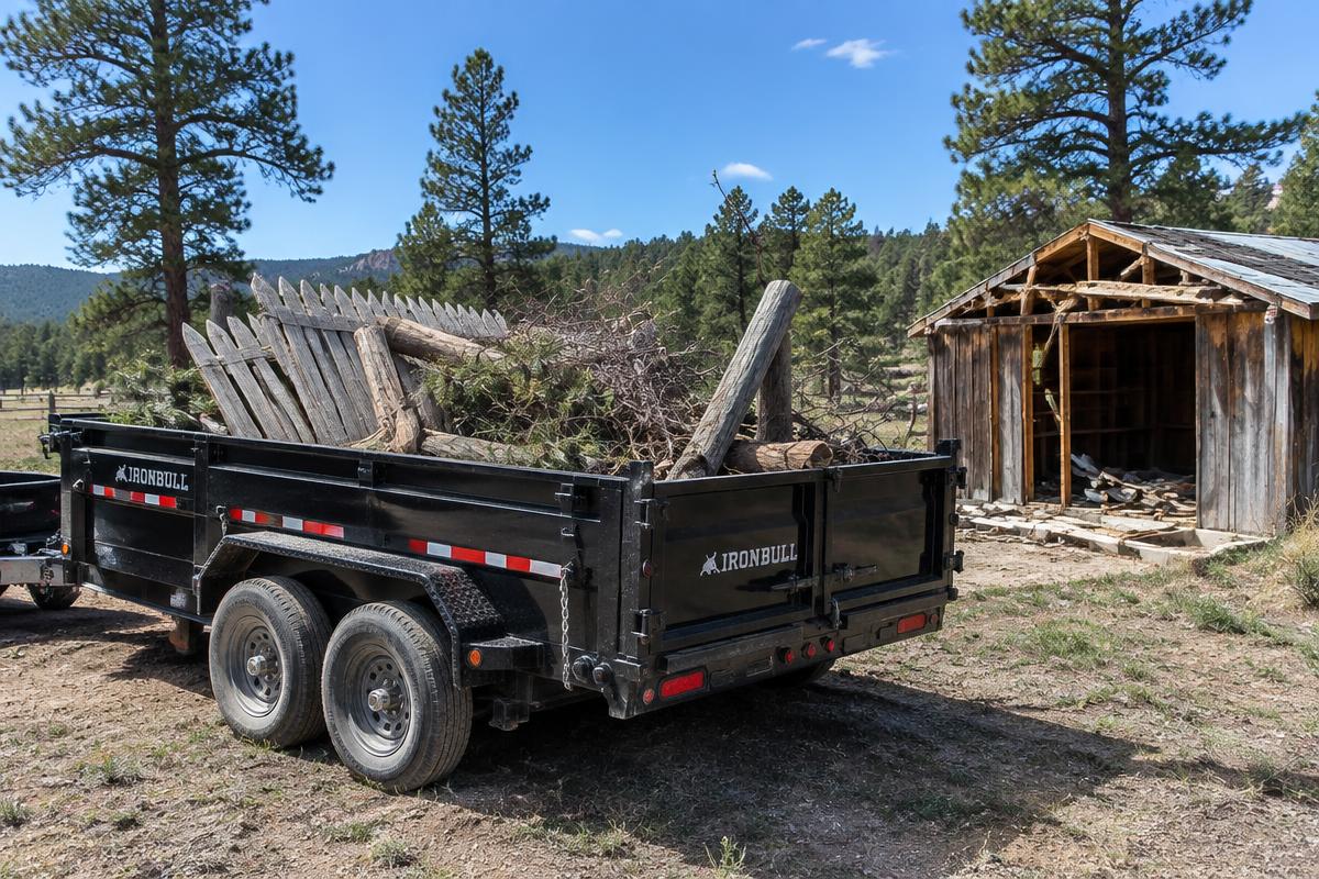 Shed demolition and fence removal debris on a Franktown, CO acreage property