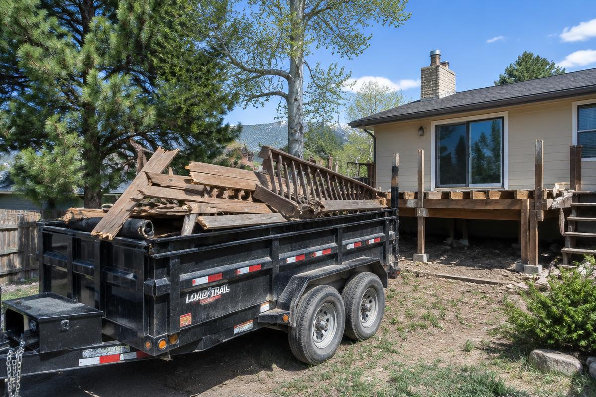 Old deck demolition debris loaded for removal at a Littleton, CO home