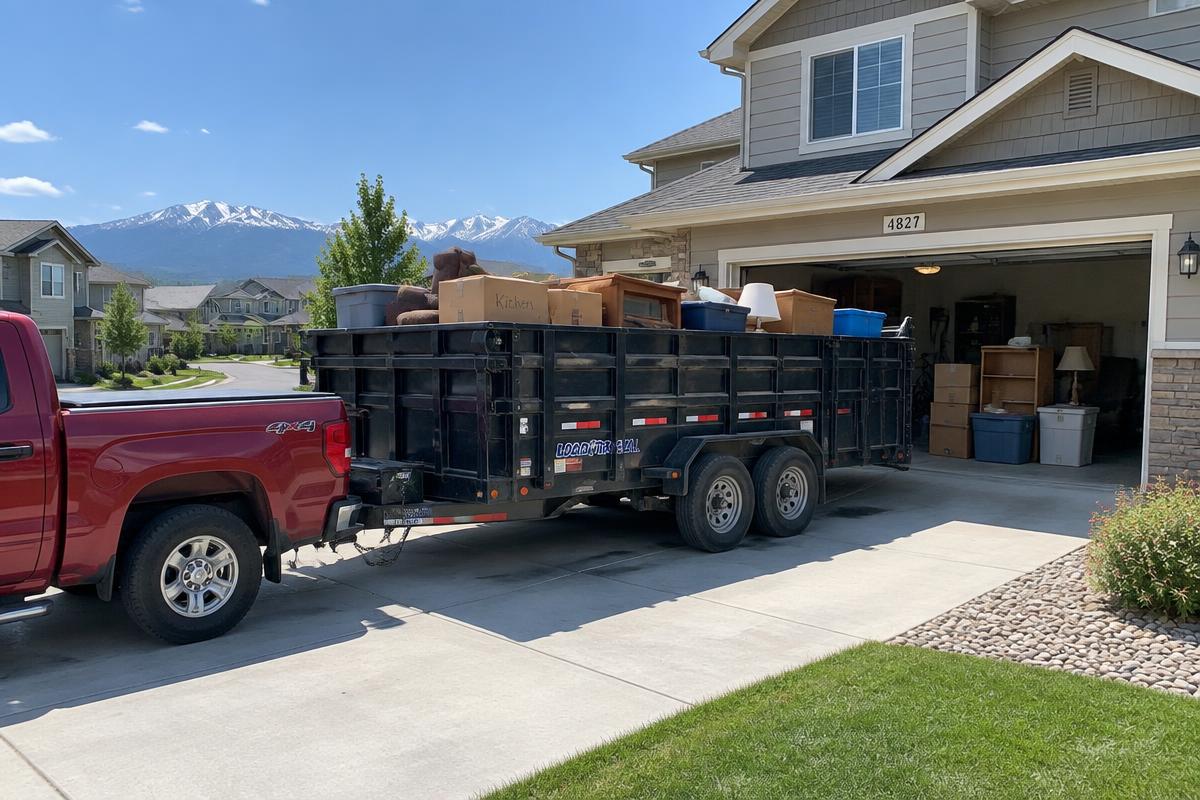 EZ Haulaway dump trailer loaded during a residential garage cleanout in Parker, CO